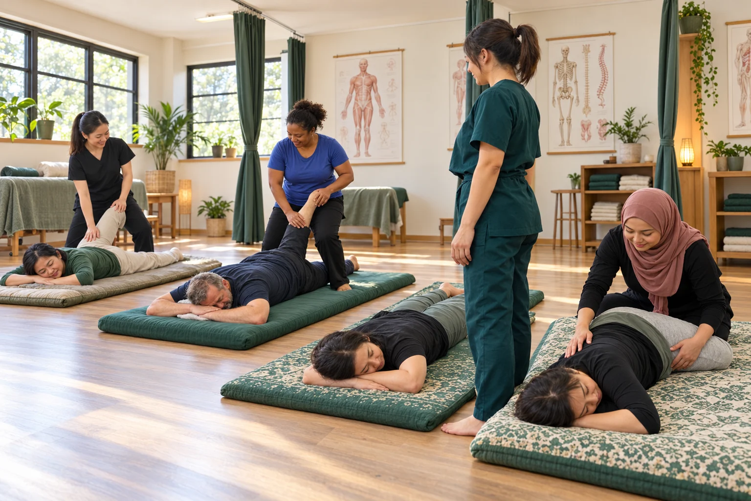 Illustrative group learning clothed bodywork on practice mats